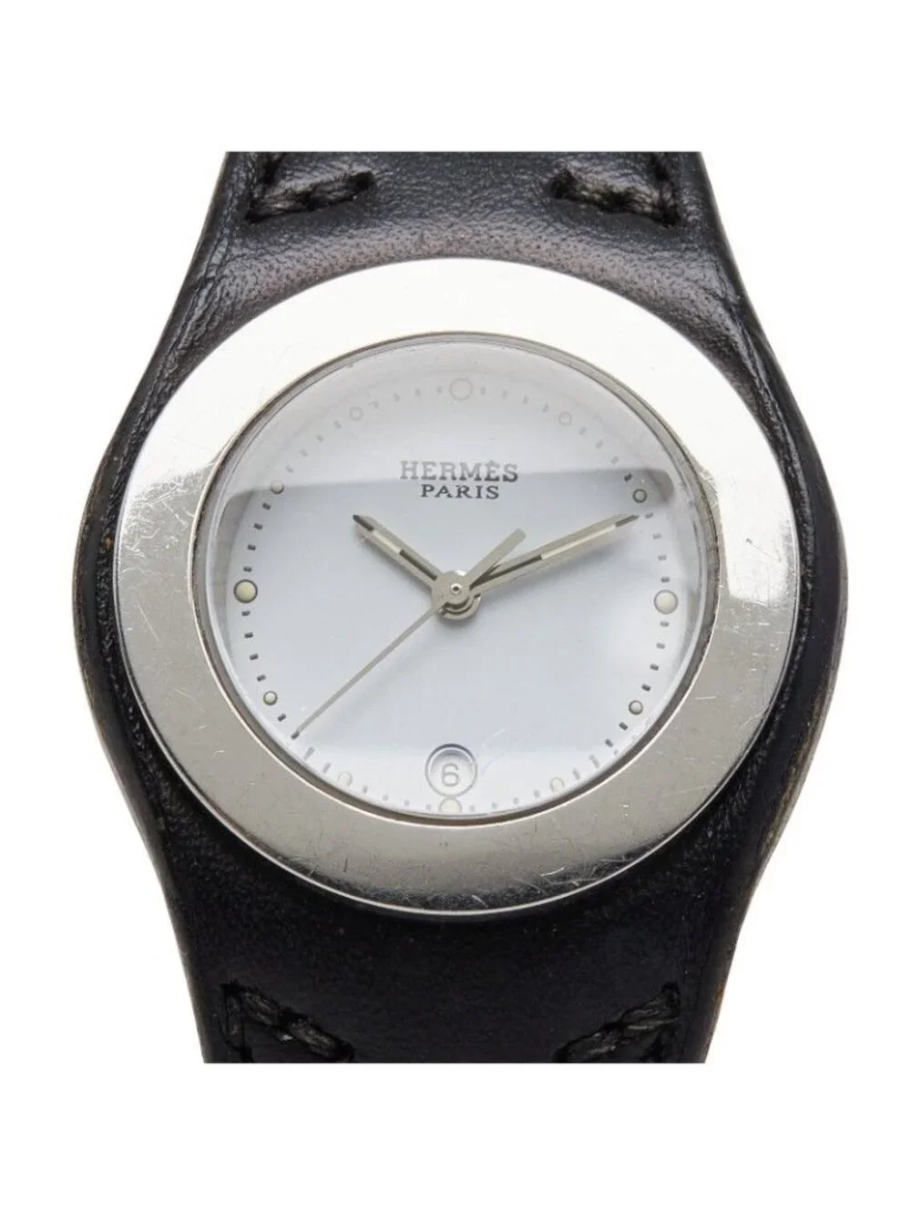 Hermes Ahne Watch White Silver Black Stainless Steel Leather